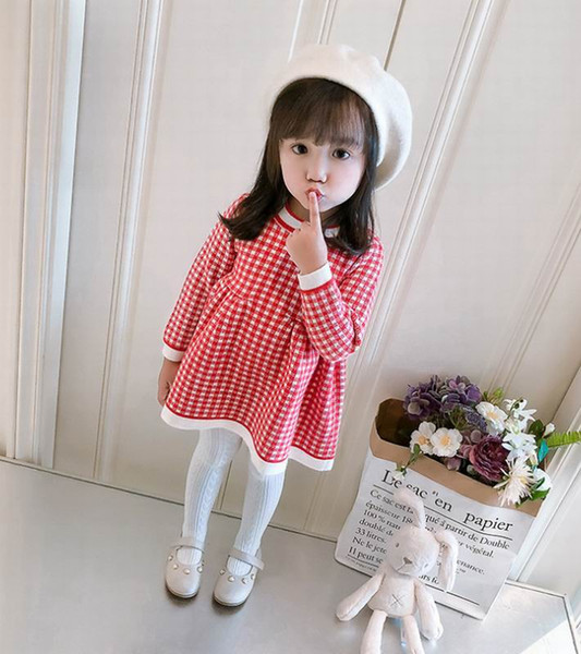 Plaid Sweater Dresses for Baby Girl Knitting Wool Long Sleeve Sweet Dress for Baby Clothes 0-4T E8814