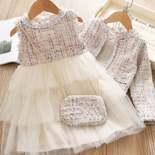 2019 New Layer Sleeveless Princess Dress Thick Plaid Princess Dress+Coat+Bag 3PCS Set Baby Clothes 3-7Y E1903