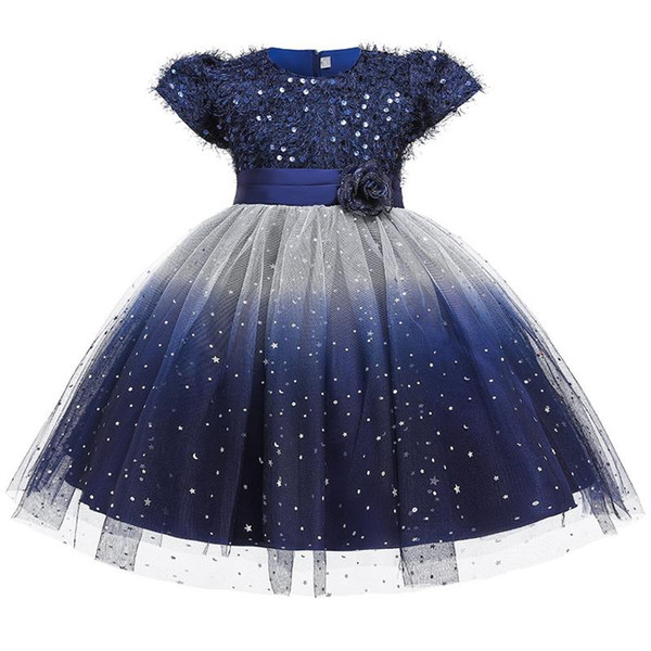 Starry Sky Flower Girl Dress Gauze Sequins TUTU Short Sleeve Princess Dresses for Party Wedding Baby Clothes 3-10Y E5161