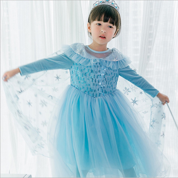 Cosplay Girl Dress Sequins Blue Princess Dress+Snowflake Cape for Performance Show Baby Clothes 2-7Y E815