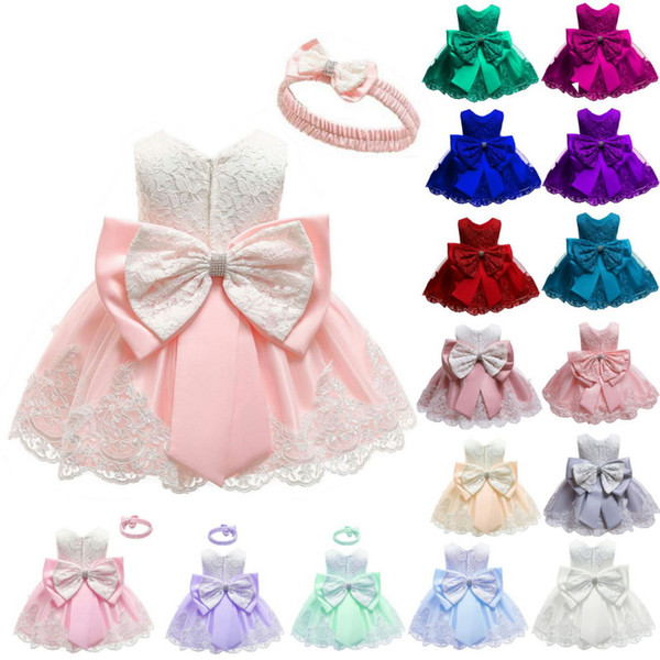 Wholesale Baby Dress Lace Christening Gown Baptism Clothes Headband Newborn Kids Birthday Princess Infant Party Costume E8348