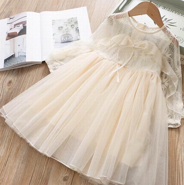 Wholesale Lace Girl Dress 2020 Spring New Bow tie Tulle Long Sleeve Princess Dress Kids Clothes 2-6 Y E2019