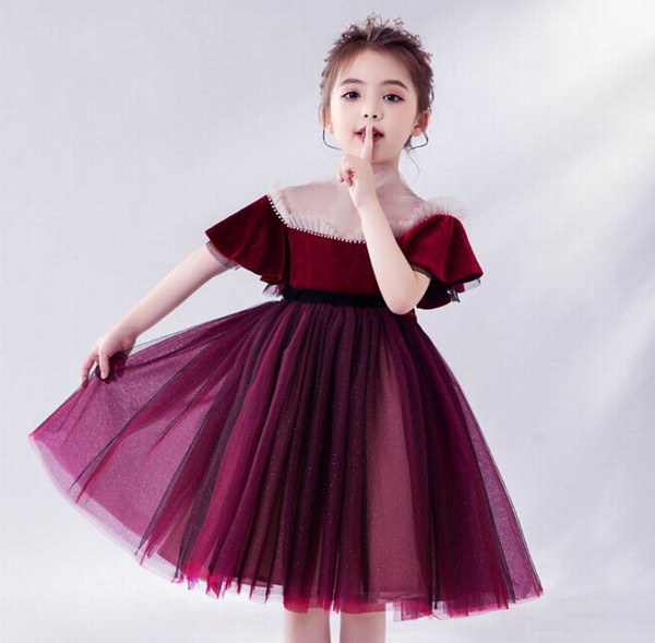 Velvet Girl Party Dress Kids Princess Shirt Dresses for Girls Puff Sleeve Perform Ballroom Dress Kids Clothes 1-12T E2073