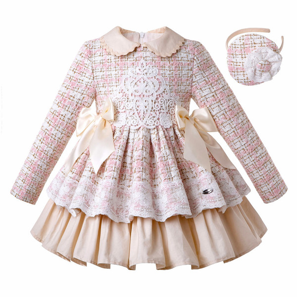 Pettigirl Autumn Winter Pink Plaid Girls Princess Dress With Headband Flower Girl Dresses Kids Wedding Kids Luxury Designer Clothes Girls