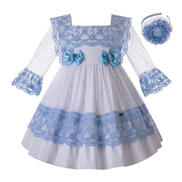 Pettigirl Blue Lace Flower Girl Dresses With Bow Carved Hollw Party Kids Designer Girls Dresses Lovely Children Clothes G-DMGD112-C130BL