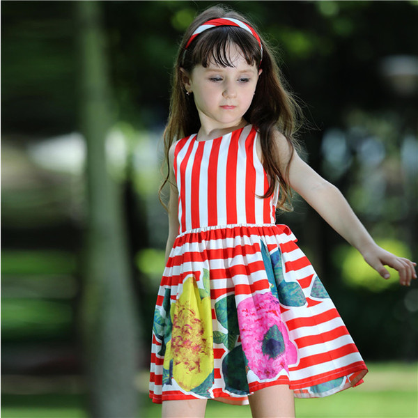 Pettigirl Retail Summer Flower Baby Girl Dress With Red Stripe And Print Floral Children Dress For Kids Clothes GD80828-125F