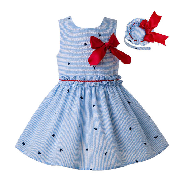 Pettigirl Sky Blue Party Girl Dress With Red Bow Hairband Summer Girl Dress Children Clothing G-DMGD203-17