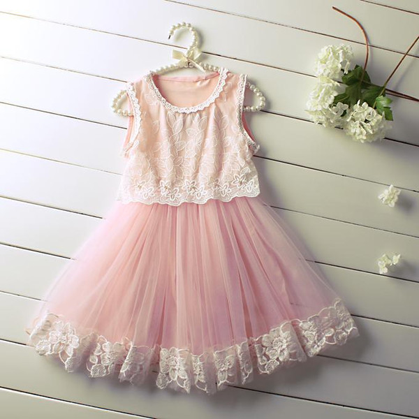 Fashion Summer Girl Dress Pink Flower Summer Sleeveless Cotton Lace Kids Dress Baby Wear In Stock GD50325-10