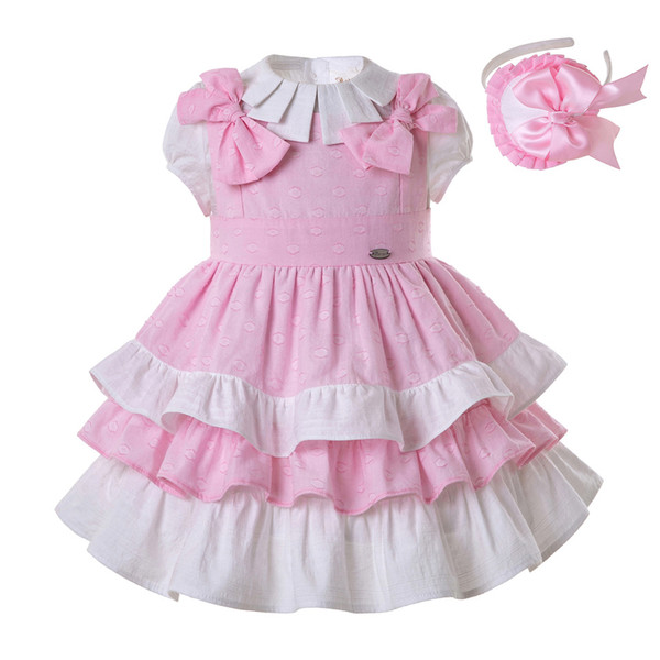 Pettigirl Summer Pleated Collar Girls Clothing Sets Pink Layers Party Costumes with Bows and Headband Kids Designer Clothes G-DMCS201-B505