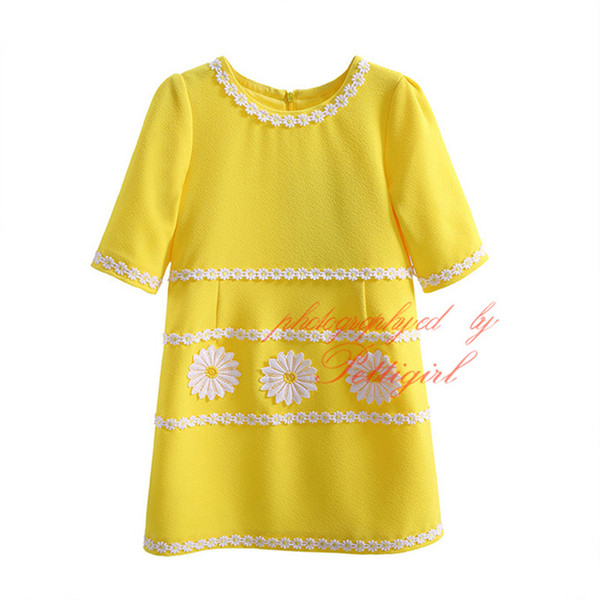 Pettigirl 2016 Hot Sale Yellow Color Girls Dresses Fashion Flower Decoration A-line Kids Clothing Half Sleeve Girls Clothing GD90218-617F