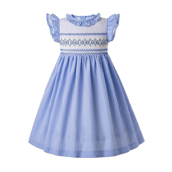 Pettigirl Light Blue Smock Dress Stripe Flower Outfits Smocked Wedding Dresses Baby Girl Smocked Christmas Clothing G-DMGD204-A289B