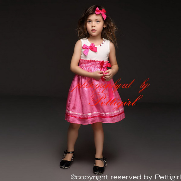 Pettigirl New Arrival Girls Dresses White Cotton Top With Bow Diamontes Collars Hot Pink Summer Casual Princess Dress Kids Clothes GD40322-5