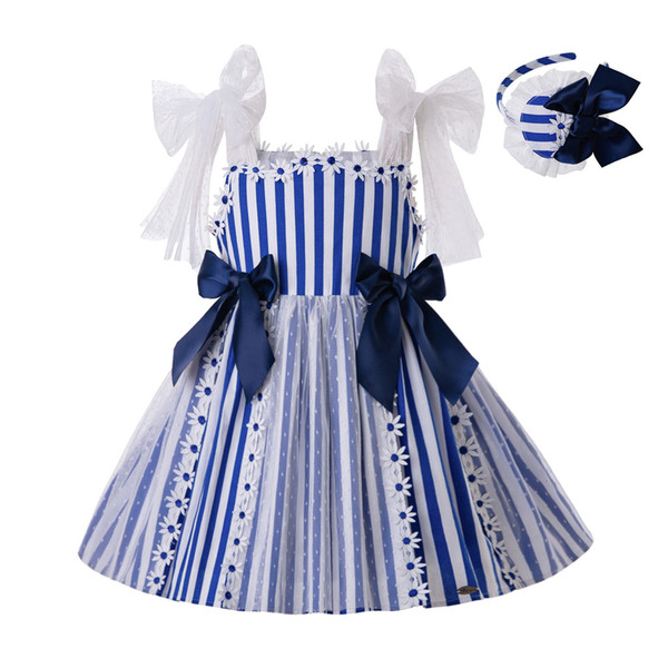 Pettigirl Newest 2-12Y Summer Deep Blue Cotton Stripe Princess Baby Girl Dress With Headband And Bows G-DMGD203-C152