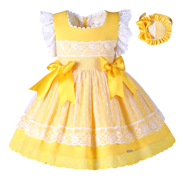 Pettigirl Easter Girl Dress Yellow Lace Princess Dress For Girls With Headwear and Bow Boutique Kids Designer Girls Dresses G-DMGD101-B171