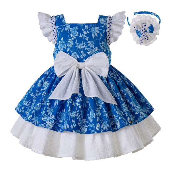 Pettigirl New Flower Blue Toddler Girl Clothes For Summer With Cute White Bow Children Wear G-DMGD203-56