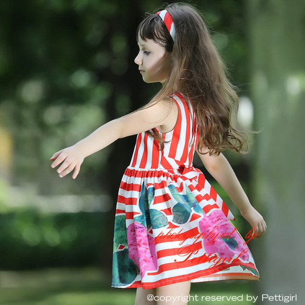 Pettigirl 2016 Summer Baby Girls Flower Dress With Red Stripe And Print Floral Children Dresses For Kids Clothing GD80828-125F