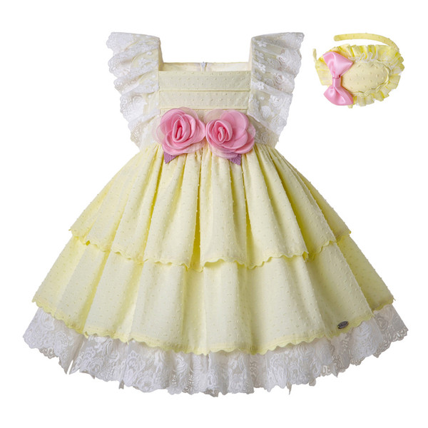 Pettigirl Summer Light Yellow Girls Dresses Lace Sleeves Flowers Wedding Party Dress With Bows and Accessory Baby Girl Clothes G-DMGD203-23