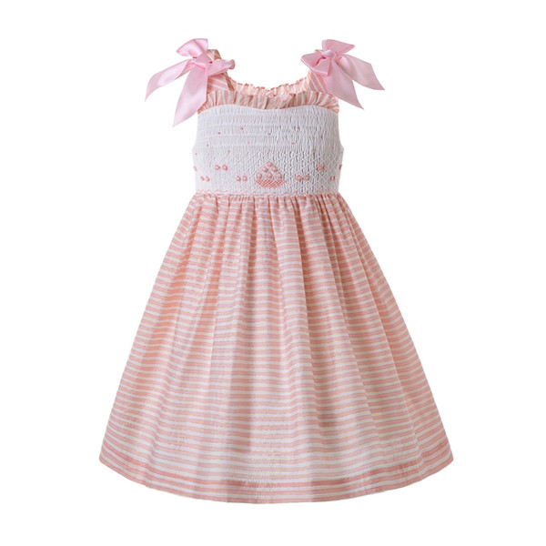 Pettigirl Pink Summer Smock Dress With Tulle Bow Flower Shoulder And Pink Strip Birthday Party Kids Clothing G-DMGD204-A296