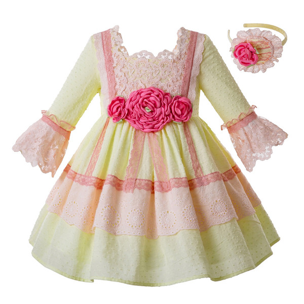 Pettigirl Yellow Spring Summer Girl Dress Pink Flower Princess dress Birthday Party Kids Prom Dresses G-DMGD112-B470