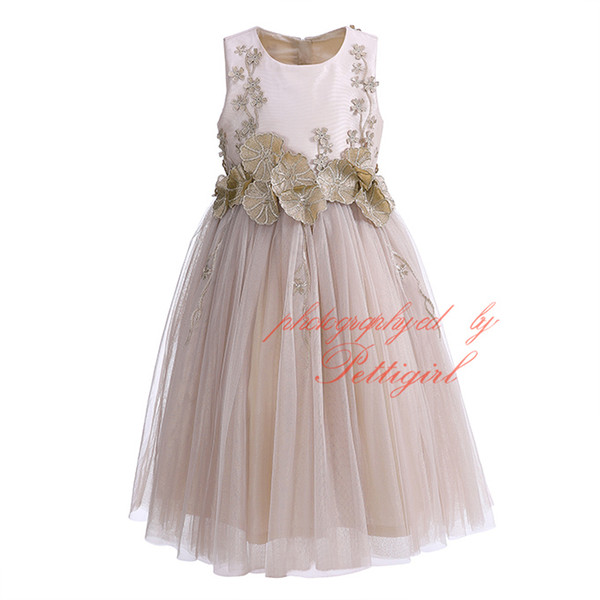 Pettigirl Girl Gown Dress Lotus Leaf Chiffon Sleeveless Elegant Champagne Floral Embroidery Tulle Kids Long Dress Kids Wear G-DMGD908-1041