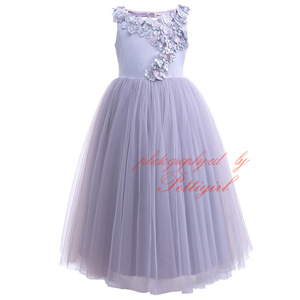 Pettigirl 2017New Girl Party Dress Sleeveless Lavender Dimensional Flower Beaded Long Tulle Dress Champagne Kids Clothing G-DMGD908-1053