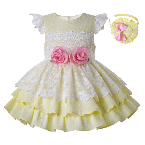 Pettigirl Summer Light Yellow Girl Dress Lace Sleeves Flowers Toddle Girl Dress With Bows and Headwear Boutique girl Clothes G-DMGD203-25