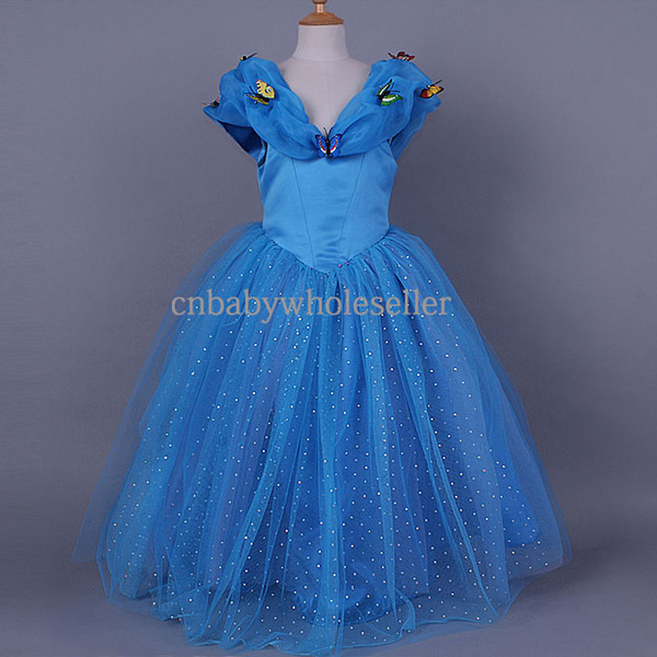 Cinderella Fashion Children Clothing Popular Blue Lace Girls Princess Dress Butterfly Sequins V Neck Kids Clothes Costumes GD50310-01