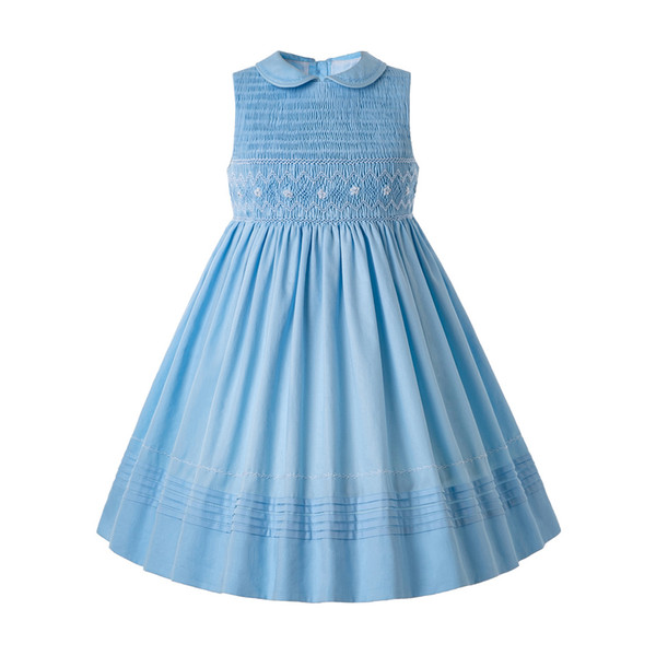 Pettigirl England Style Grace Blue Girls Smocked Dress With Solid And Wave Detail Designed Kids Dresses Children Clothing G-DMGD204-88