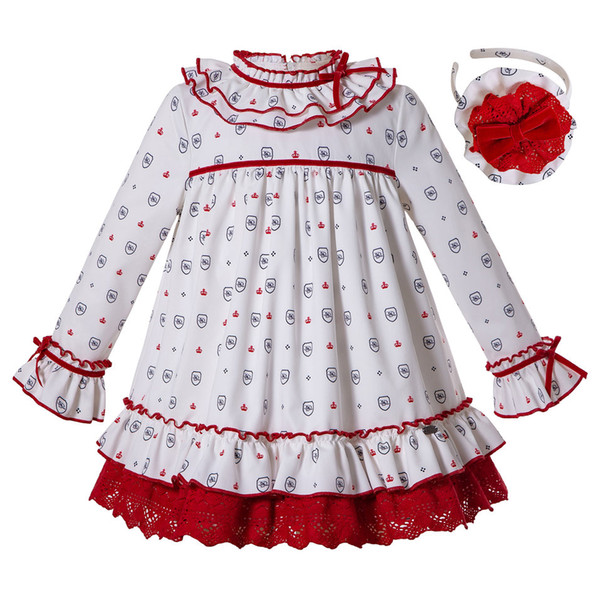 Pettigirl Autumn Christmas White Girls Print Dress with Headwear Elegant Girls Dresses with Bow Ruffle Children Clothes