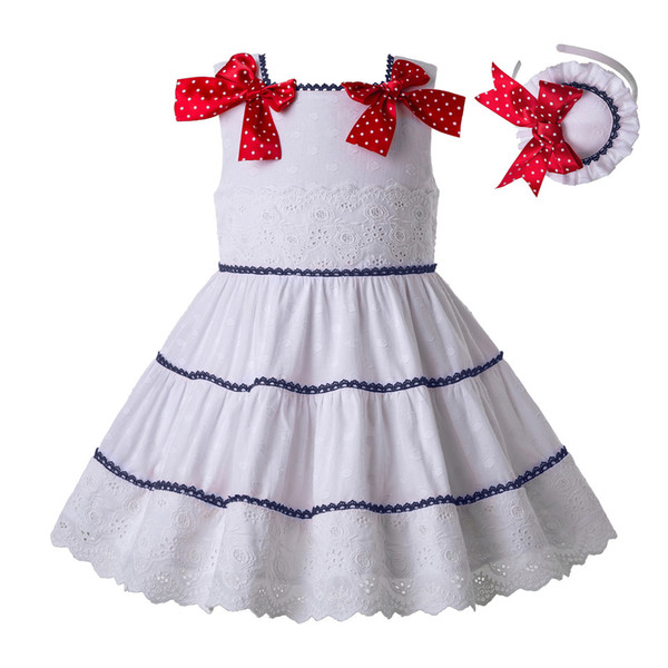 Pettigirl Summer White Girl Dress Sleeveless Princess Dresses With Dot Bows And Headwear For Party Designer Kids Girl Costumes G-DMGD203-64