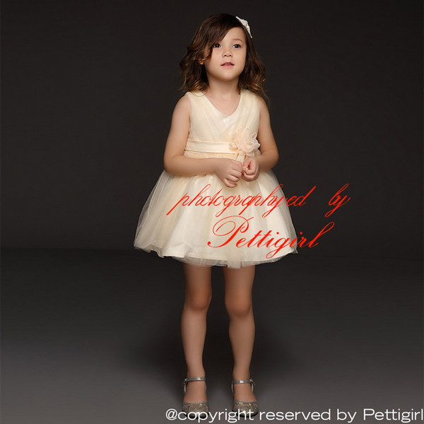 Pettigirl Newest Designed Wedding Girl Dress Beige Party Kids Clothing Flower Bow Girls Princess Dress Lace Skirt Children Clothes GD40418-1