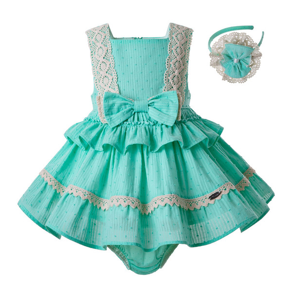 Dropshipping Summer Mint Green Baby Girl Clothing sets Elegant Lace Strape Sleeveless Boutique Children Clothes Designer Girl G-DMCS203-37