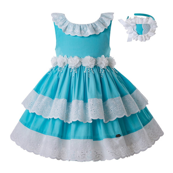 Pettigirl White Flowers Summer Party Birthday Girl Blue Dress With Headband Sleeveless Kids Clothing G-DMGD203-35