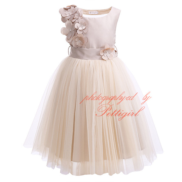 Pettigirl 2017 New Girl Party Dress Sleeveless Dimensional Flower Pearl Beaded With Sash Kids Long Tulle Dress Champagne G-DMGD908-1050