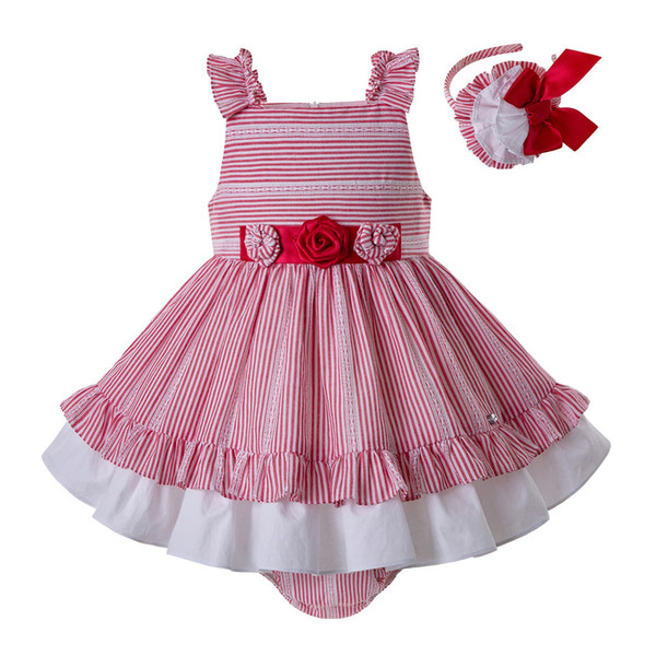 Pettigirl Summer Sleeveless Baby Girls Dress Red Stripe And Flower Decorate Layers Costumes Children Boutique Clothes G-DMCS203-C153