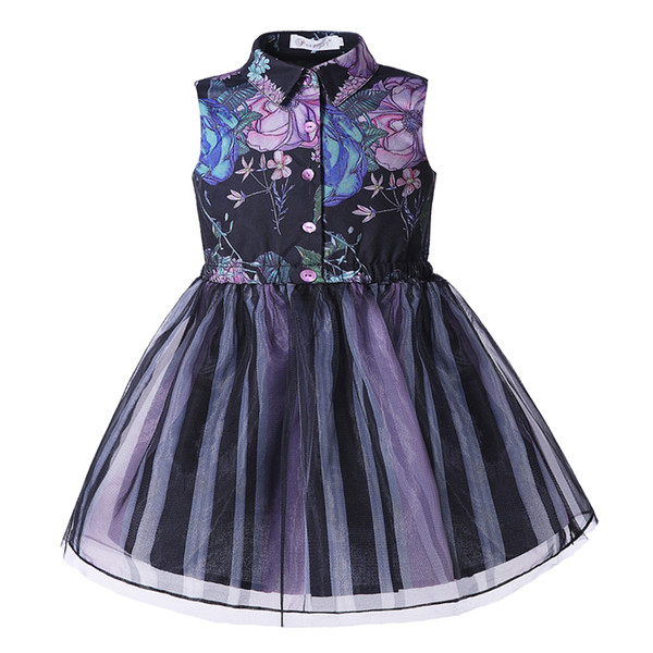 Cutestyles Print Black Tulle Flower Girl Dresses Preppy Style Dress Kids Summer Clothes Girls Graduation Dresses Wholesale G-DMGD004-B4