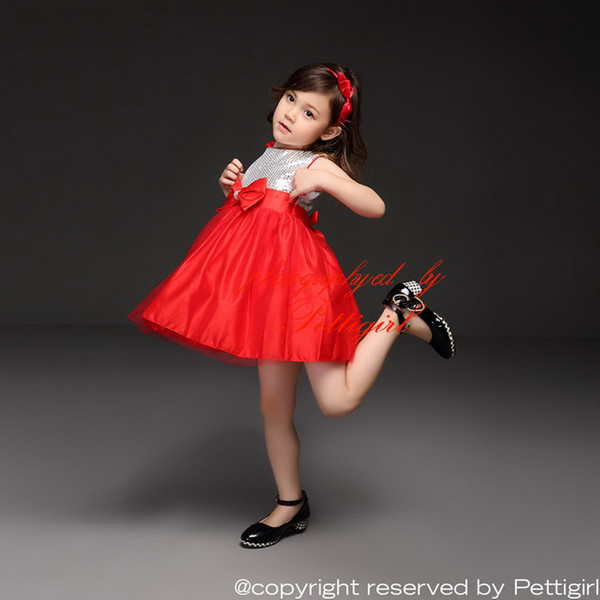 Pettigirl Wholesale Girls Party Dresses Silver Sequins Top Bow And Red Hem Wedding Dresses Girls Christmas Dresses Kids Clothes GD40814-22