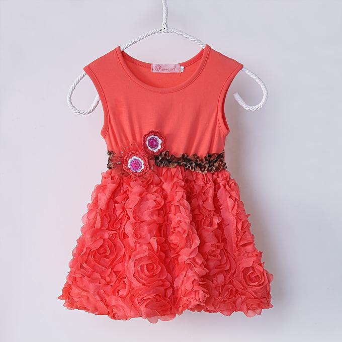 Fashion Girls Dresses New Arrival Summer Casual Kids Clothes Rose Hem Chidren Clothing Leopard Belt Flowers Girls Princess Dress GD40209-3