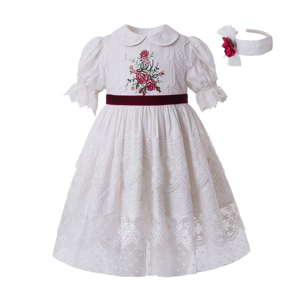 Pettigirl Summer Party Kids Dress White Embroidery Puff Sleeve Girl Wedding Kid Dress Kids Clothes With Headdress G-DMGD210-A440