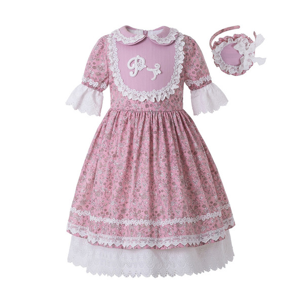 Pettigirl Summer Party Dress Doll Collar Raffle Sleeve Flower Printed Dress Kids Boutique Dress +Headwear G-DMGD211-284