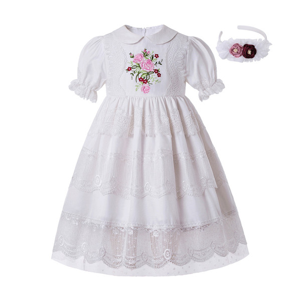 Pettigirl White Embroidery Girl Party Dress Top Grade Lace Doll Collar Wedding Kids Dresses With Headwear Children Clothing G-DMGD210-275