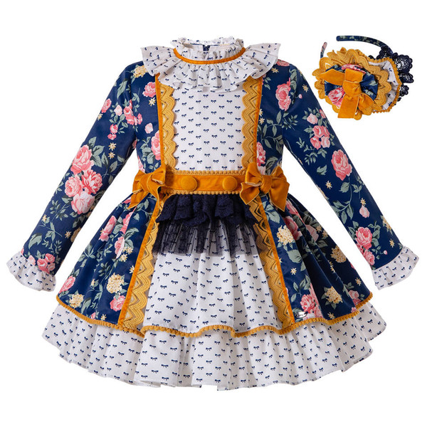 Pettigirl Spring and Autumn Flower Girl Dress with Headwear Royal Blue Girls Princess Print Dresses with Velvet Bow Kids Clothes