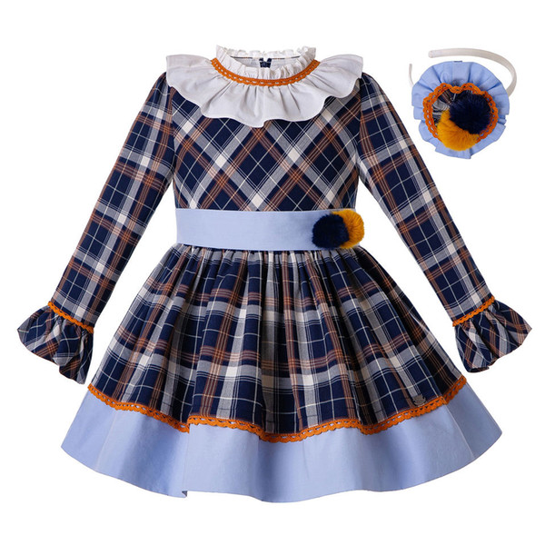 Pettigirl Thanksgiving Autumn Girl Dresses Handmade Pom Pom Flare Sleeve Boutique Dresses With Hair Accessories Children Clothes