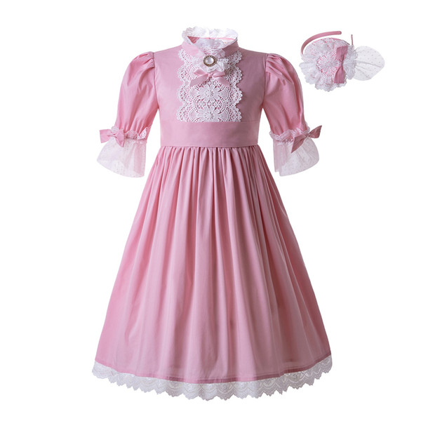 Pettigirl Lace Pink Solid Color Princess Wedding Party Kids Summer Clothes Flower Girls Dresses (Dress Length under Knee)G-DMGD112-B479