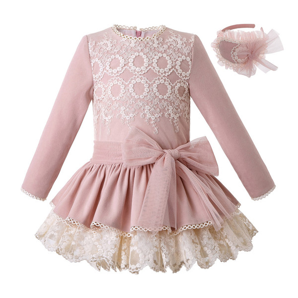 Pettigirl Autumn Kids Luxury Designer Clothes Girls Pink Girl Lace Dress+Headwear Wedding and Party Kid Costumes With Bows Children Clothing