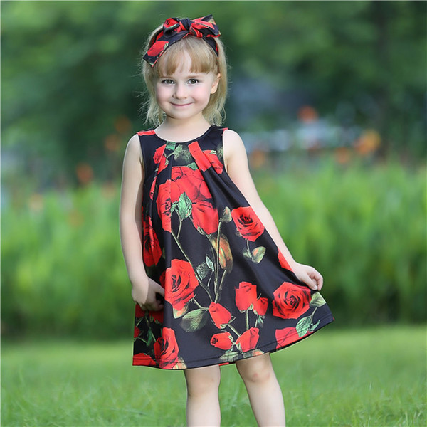 Pettigirl Summer Baby Girls Dresses With Headband Big Red Roses And Bow Kids Dress For Baby Clothes GD80810-66F