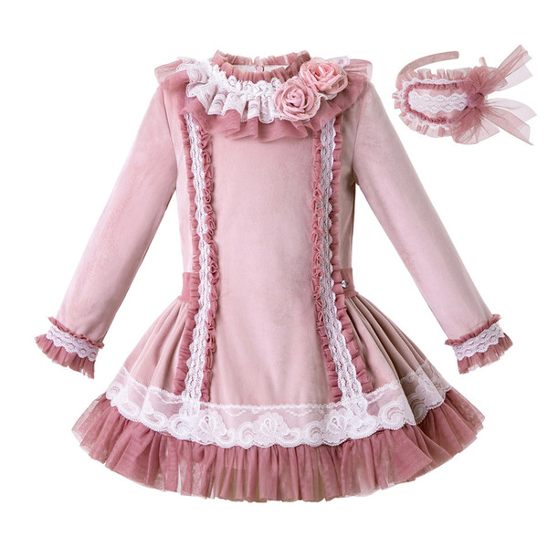 Pettigirl Autumn Pink Velvet Girl Dress With Headwear Princess Girls Party Dress kids Clothing G-DMGD206-A347