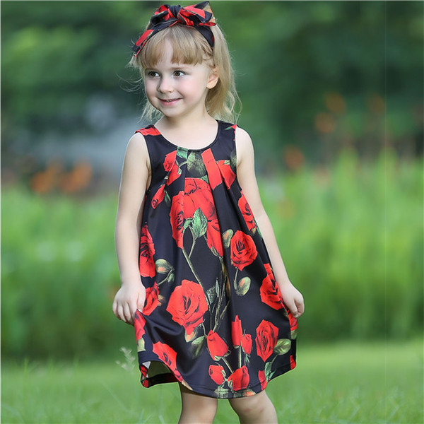 Pettigirl Retail Summer Baby Girl Dress With Headband Big Red Roses And Bow Kids Designer Clothing GD80810-66F