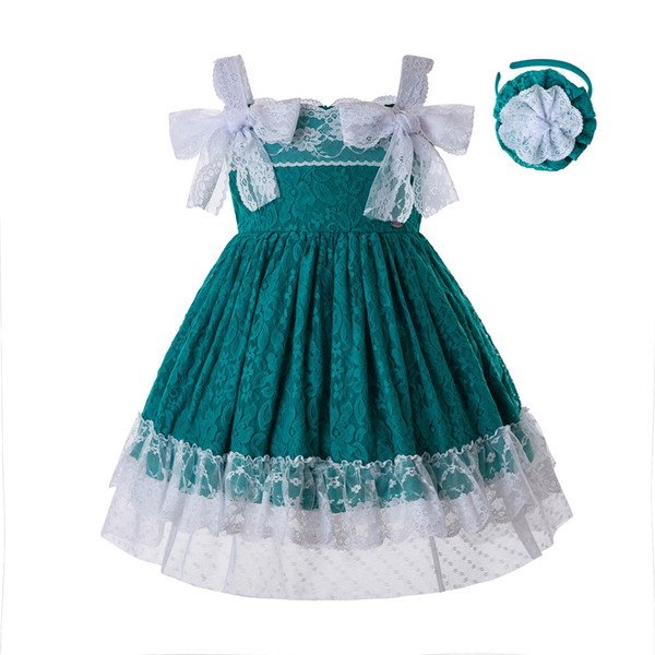 Pettigirl Newest Green Kids Designer Clothes Girls Summer Lace Flower Dress With Headwear And Bows Baby Girl Dress G-DMGD201-C134