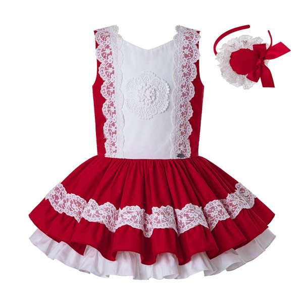 Pettigirl New Girls Summer Sleeveless Clothing White +Red Lace Wedding Dress With Headwear Kids Clothing G-DMGD204-108